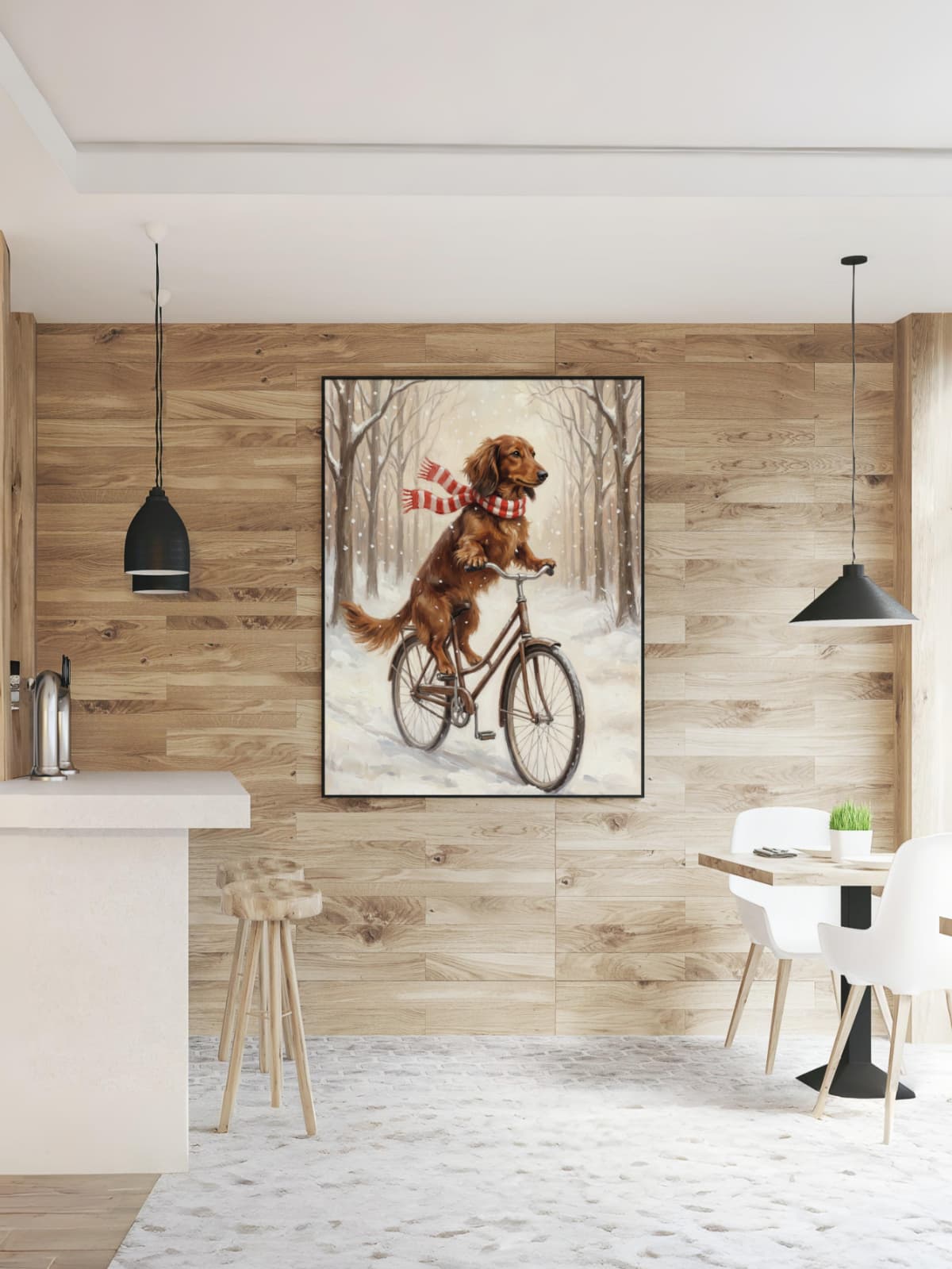 Chú chó Dachshund đạp xe trong mùa đông