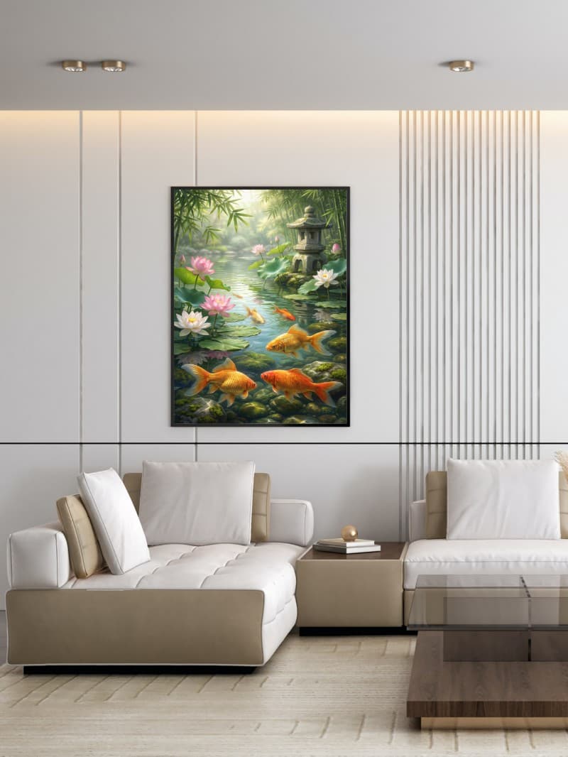 Tranh Đàn Cá Vàng Hồ Sen Tài Lộc Phong Thủy Hiện Đại