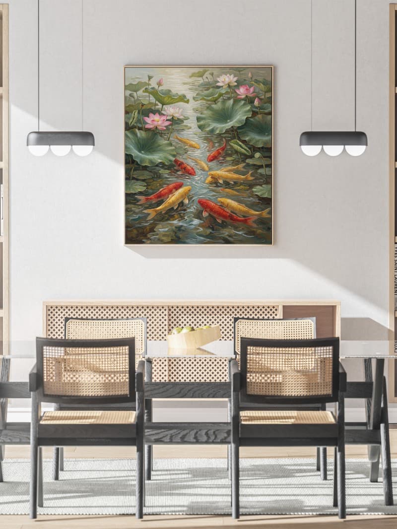 Tranh Cửu Ngư Quần Hội Đầm Sen Hiện Đại Chân Thực Cao Cấp