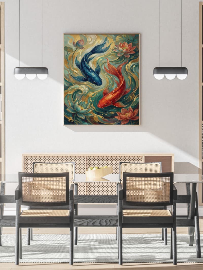 Tranh Hai Chú Cá Xanh Đỏ Phong Thủy Tài Lộc Hiện Đại Cao Cấp