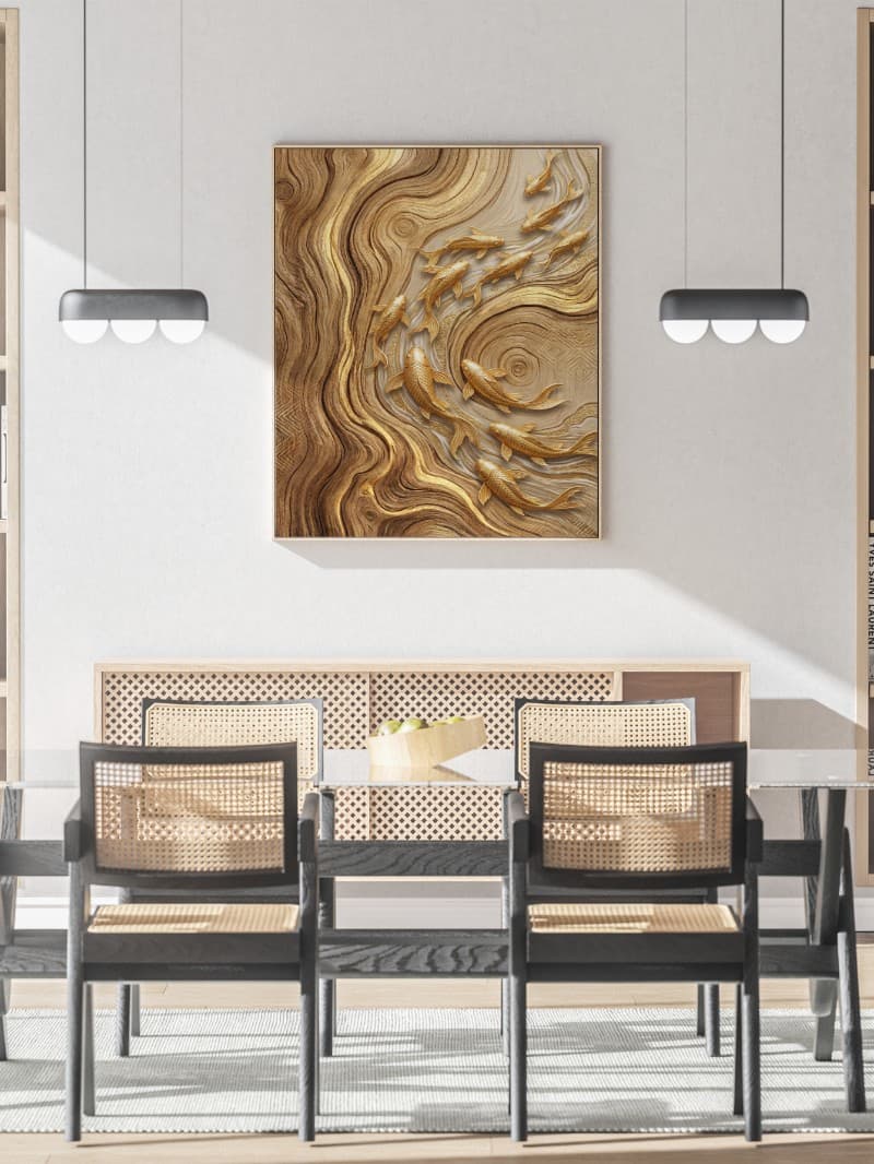 Tranh Đàn Cá Chép Vàng Trên Nền Vân Gỗ Tài Lộc Hiện Đại