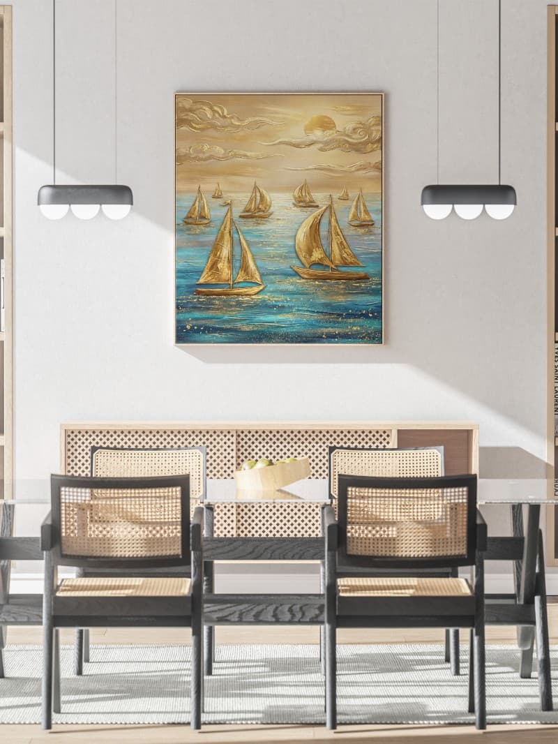 Tranh Thuyền Buồm Vàng Tài Lộc: Nghệ Thuật Biển Phong Thủy Sang Trọng