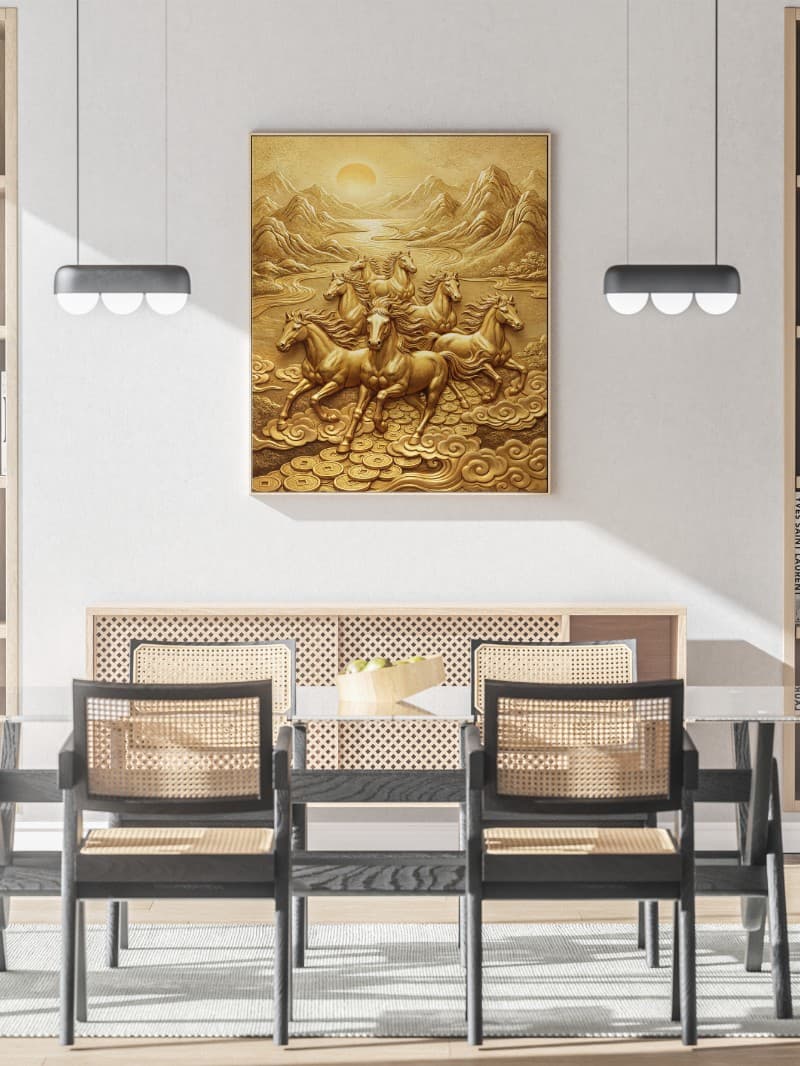 Tranh Mã Đáo Thành Công 8 Ngựa Vàng Tài Lộc Hiện Đại Đẳng Cấp