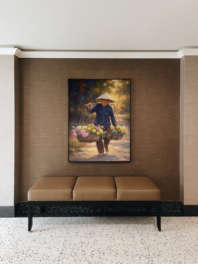 Tranh Sơn Dầu Bà Cụ Gánh Hoa Phong Cách Cổ Điển Tả Thực