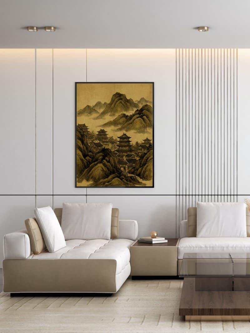 Tranh Phong Thủy Núi Non Phố Cổ - Sắc Vàng Hưng Thịnh Cho Mệnh Thổ