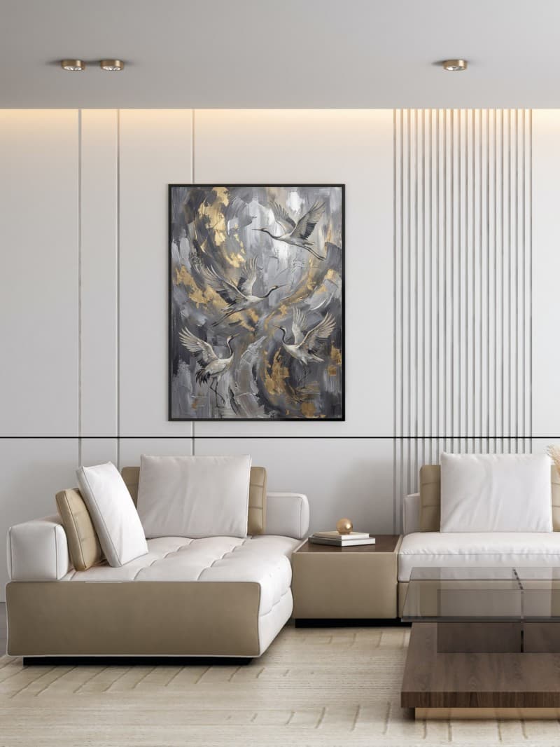 Tranh Chim Hạc Trừu Tượng Ánh Kim Xám Bạc Cho Người Mệnh Kim