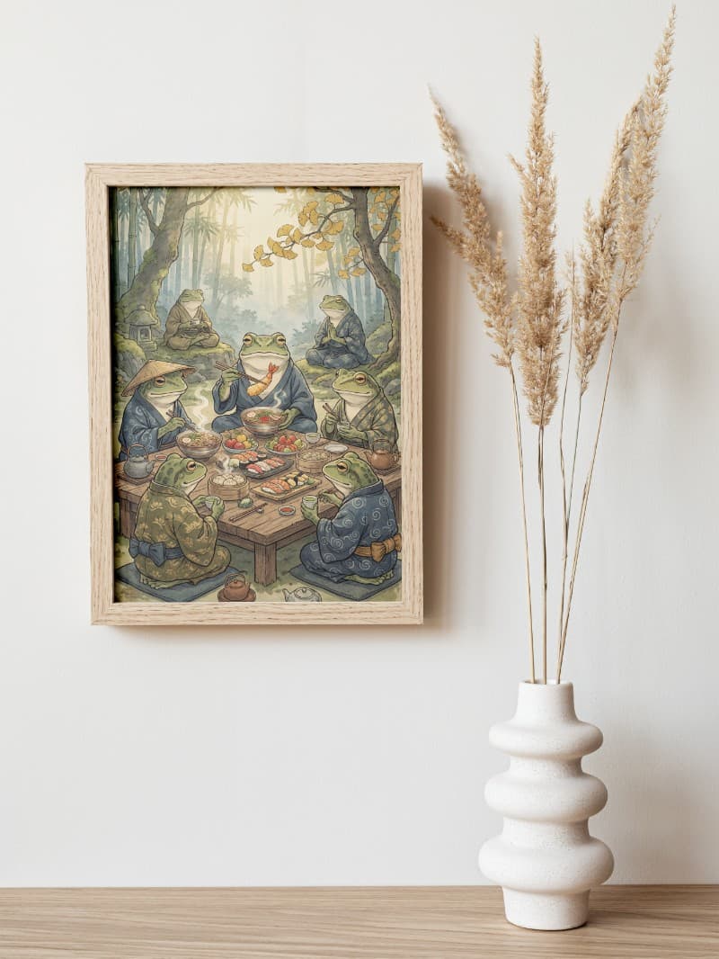 Tranh Chú Ếch Thiền Bên Bàn Tiệc - Nghệ Thuật Tĩnh Tại & Thịnh Vượng