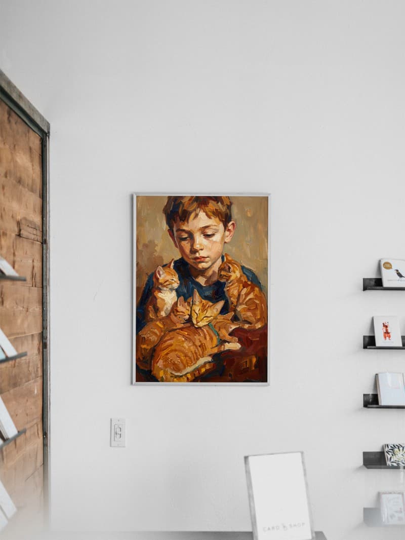 Tranh Chân Dung Cậu Bé Và Những Chú Mèo Cam Trừu Tượng Tối Giản