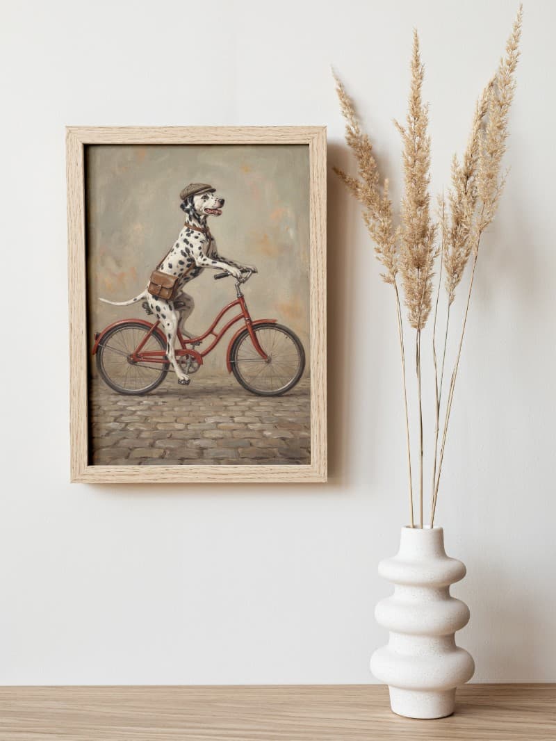 Tranh Chó Đốm Đạp Xe Vintage - Nghệ Thuật Cổ Điển Độc Bản