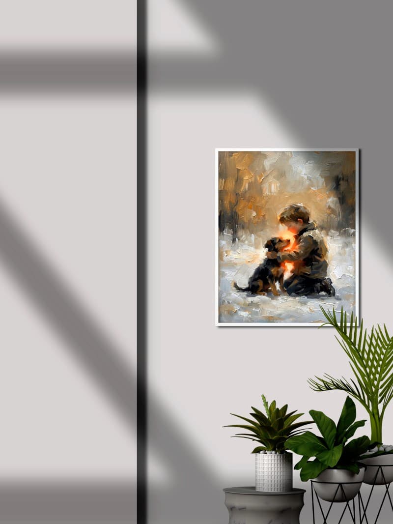 Tranh Trừu Tượng Cậu Bé Và Chú Chó Trong Tuyết - Chạm Vào Yêu Thương