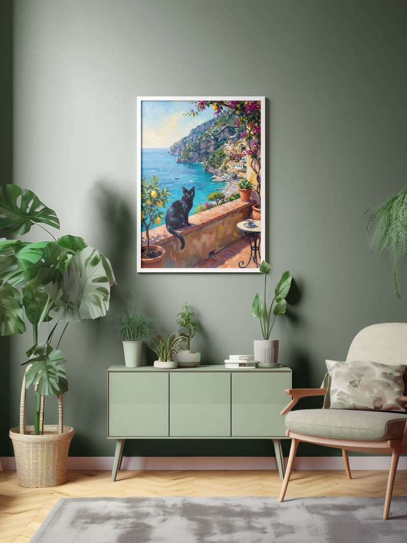 Tranh Mèo Đen Amalfi: Bản Giao Hưởng Xanh Địa Trung Hải