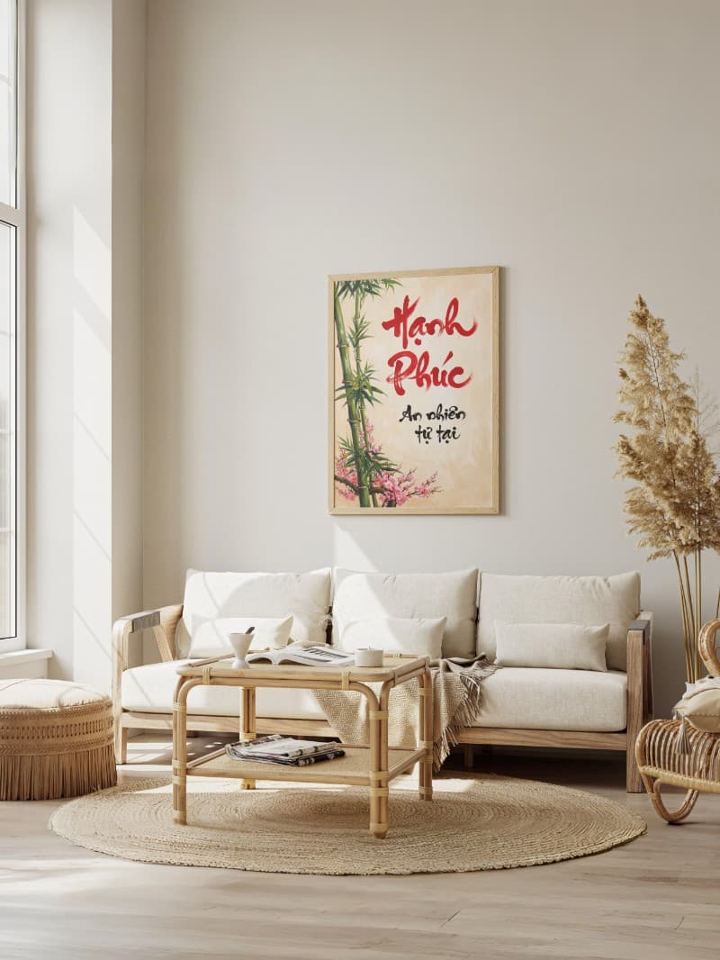 Tranh Sơn Dầu Thư Pháp Hạnh Phúc – Nét Bút Thủ Công Khơi Nguồn Bình An