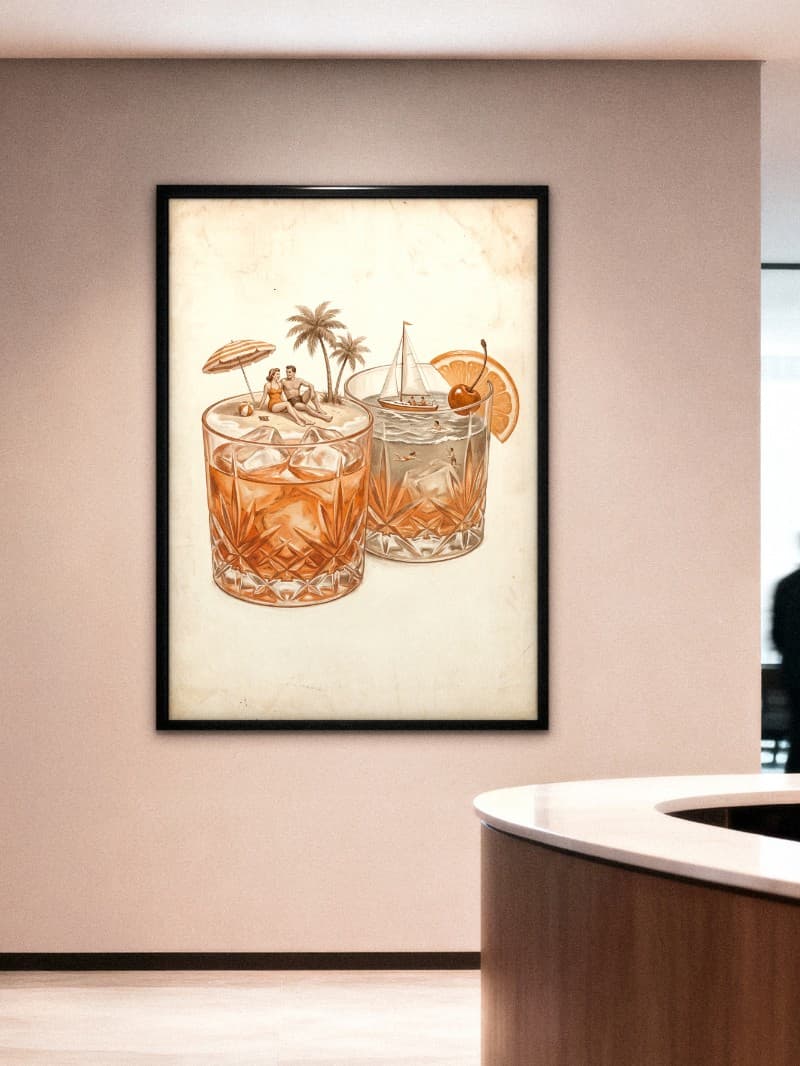 Tranh Vintage Kỳ Nghỉ Trong Ly - Hoài Niệm Mùa Hè Cổ Điển