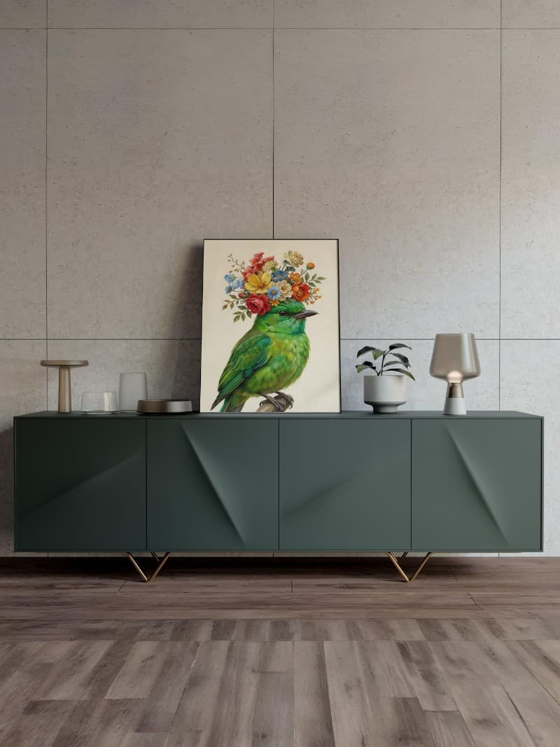 Tranh Chim Xanh Đội Vòng Hoa Nghệ Thuật Tinh Xảo - Decor Sang Trọng