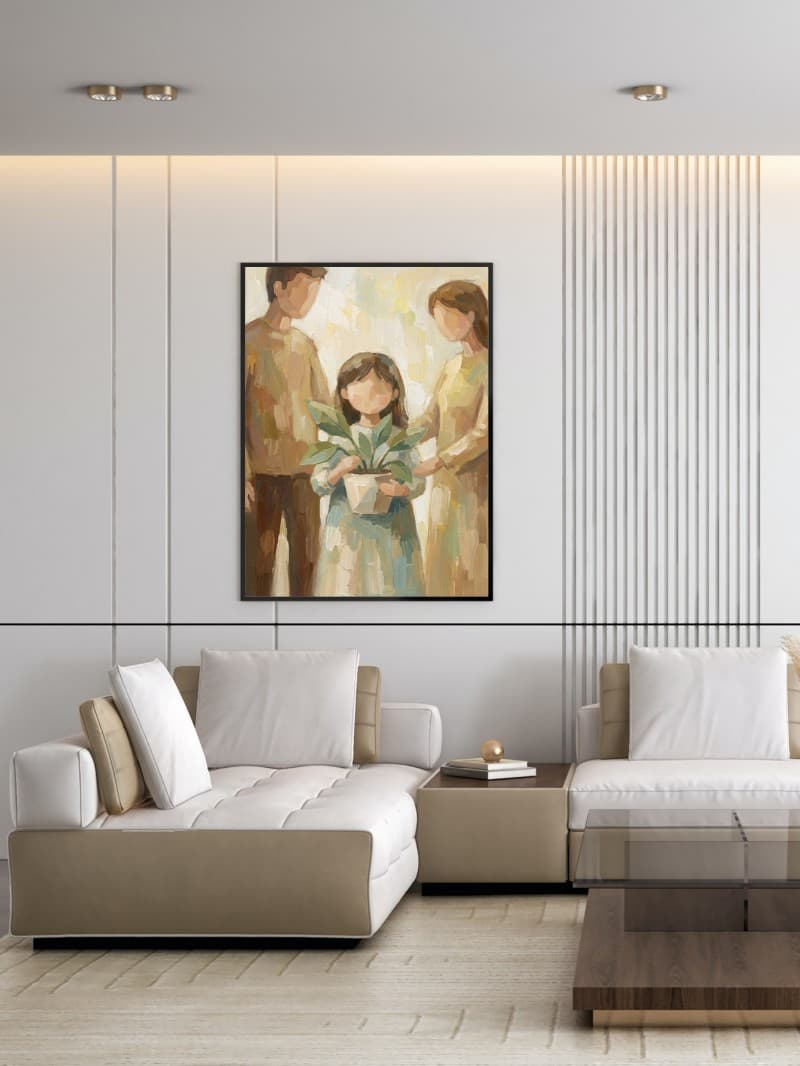 Tranh Sơn Dầu Trừu Tượng Cô Bé Và Chậu Cây - Nghệ Thuật Tối Giản