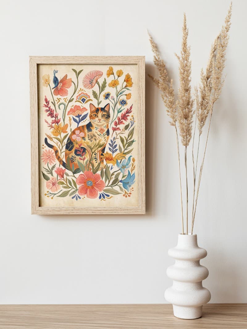 Tranh Con Mèo Nghệ Thuật Dân Gian Họa Tiết Hoa Lá Độc Bản