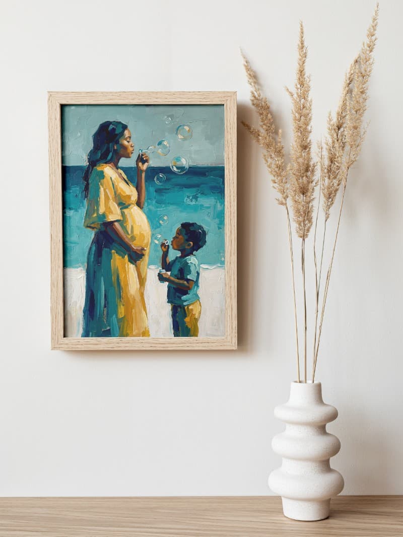 Tranh Trừu Tượng Phụ Nữ Mang Thai Thổi Bong Bóng Tối Giản