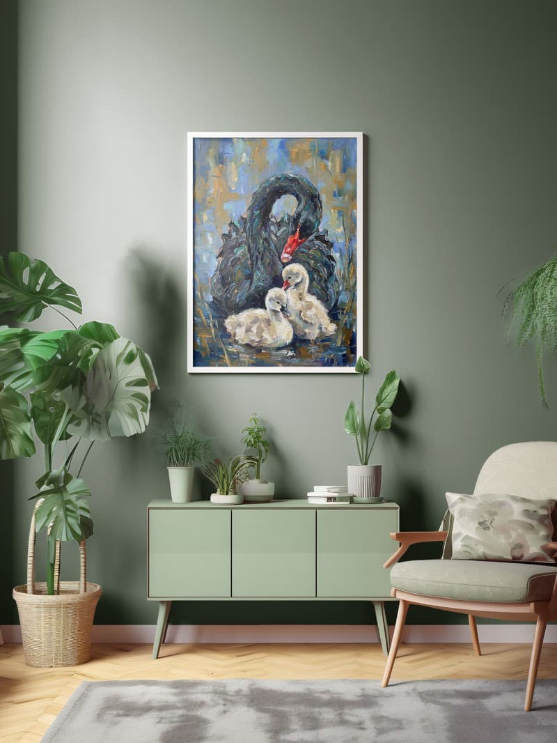 Tranh Thiên Nga Đen Và Con Non - Nghệ Thuật Trừu Tượng Đầy Cảm Xúc