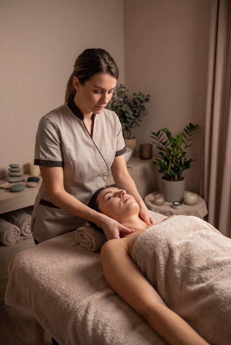 Tranh treo tường cô gái đang được bấm huyệt cổ vai gáy trang trí không gian spa sang trọng hiện đại