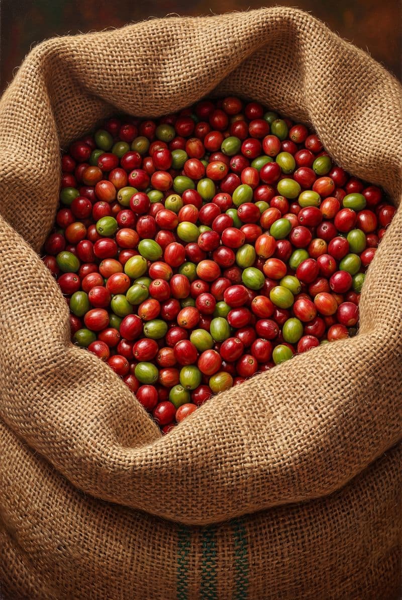 Tranh treo tường bao bố chứa trái cà phê chín mọng trang trí không gian phòng khách và quán cà phê hiện đại sang trọng