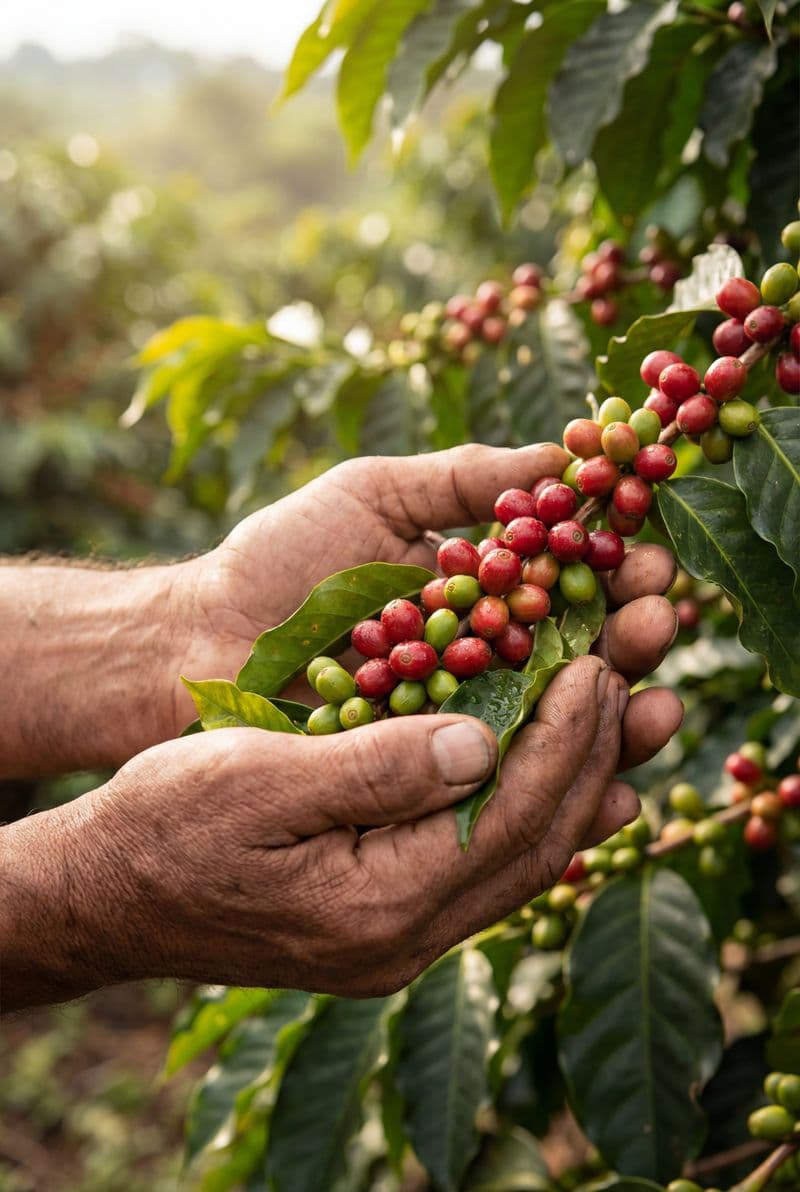 Tranh treo tường đôi bàn tay nâng niu những trái cà phê chín đỏ trang trí phòng khách và quán cà phê nghệ thuật
