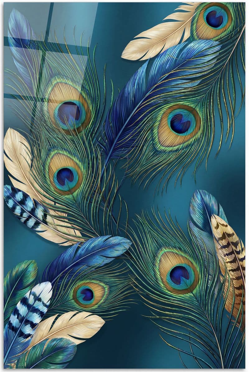 Tranh treo tường lông vũ chim nghệ thuật tráng gương trang trí phòng khách sang trọng