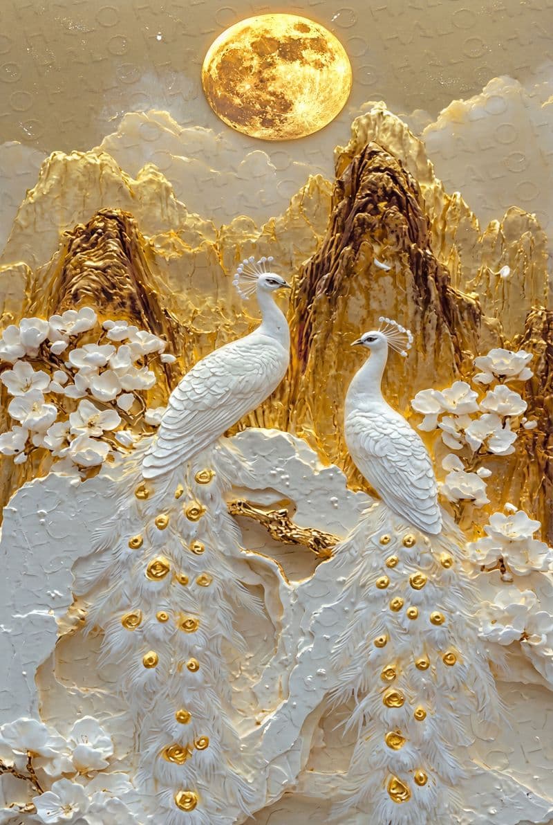 Tranh treo tường đôi công uyên ương phú quý trang trí phòng khách sang trọng và ấm cúng