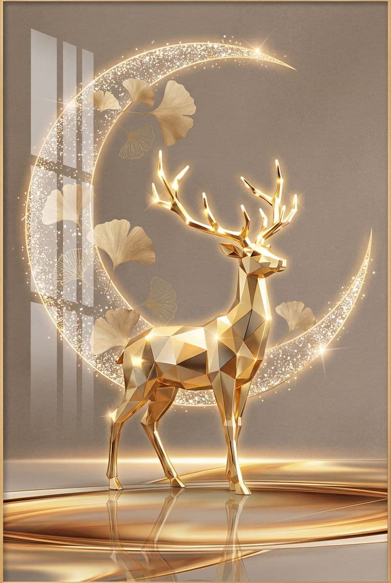 Tranh treo tường hươu 3D tráng gương trang trí hành lang chiếu nghỉ hiện đại