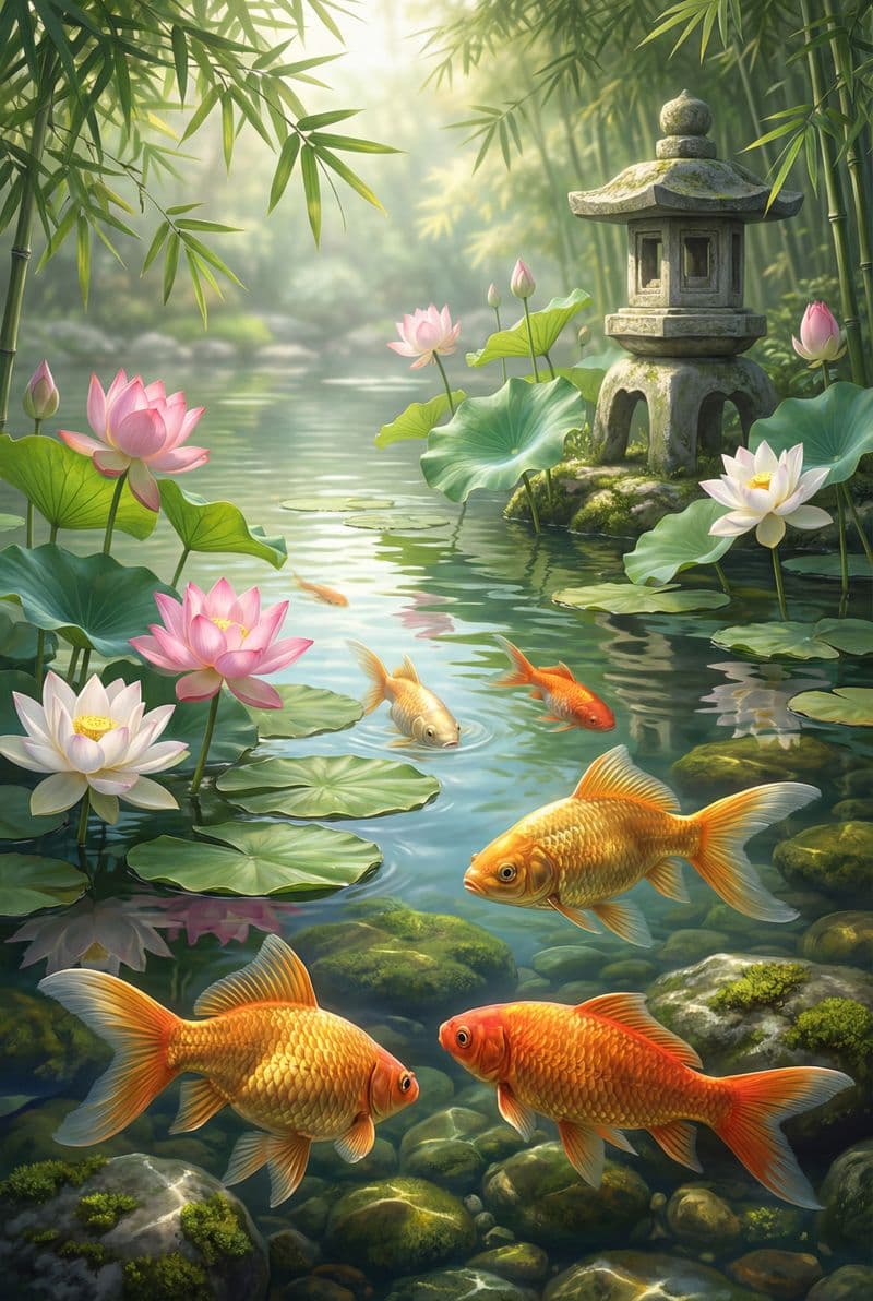 Tranh treo tường đàn cá vàng bơi lội giữa hồ sen trang trí phòng khách chuẩn phong thủy