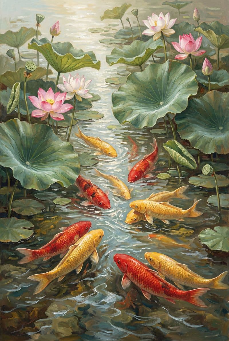 Tranh treo tường đàn cá chép trong đầm sen trang trí phòng khách chuẩn phong thủy