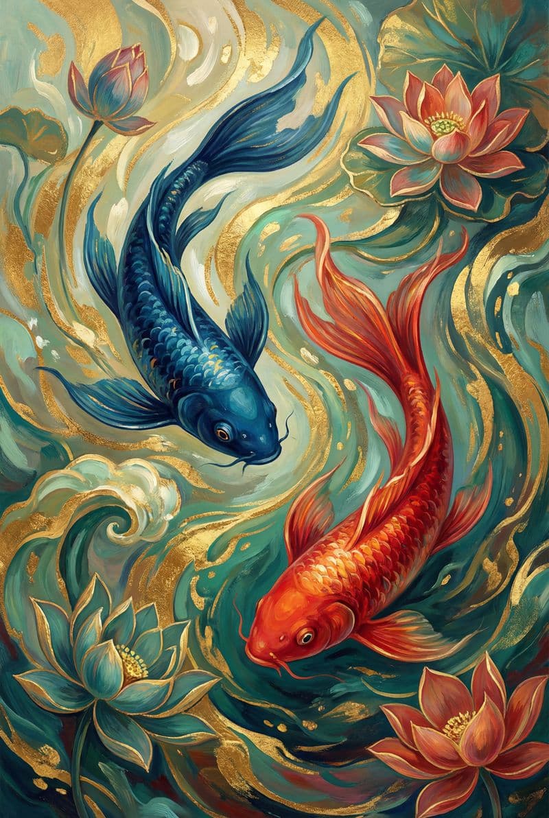 Tranh treo tường hai chú cá xanh đỏ phong thủy trang trí phòng khách sang trọng