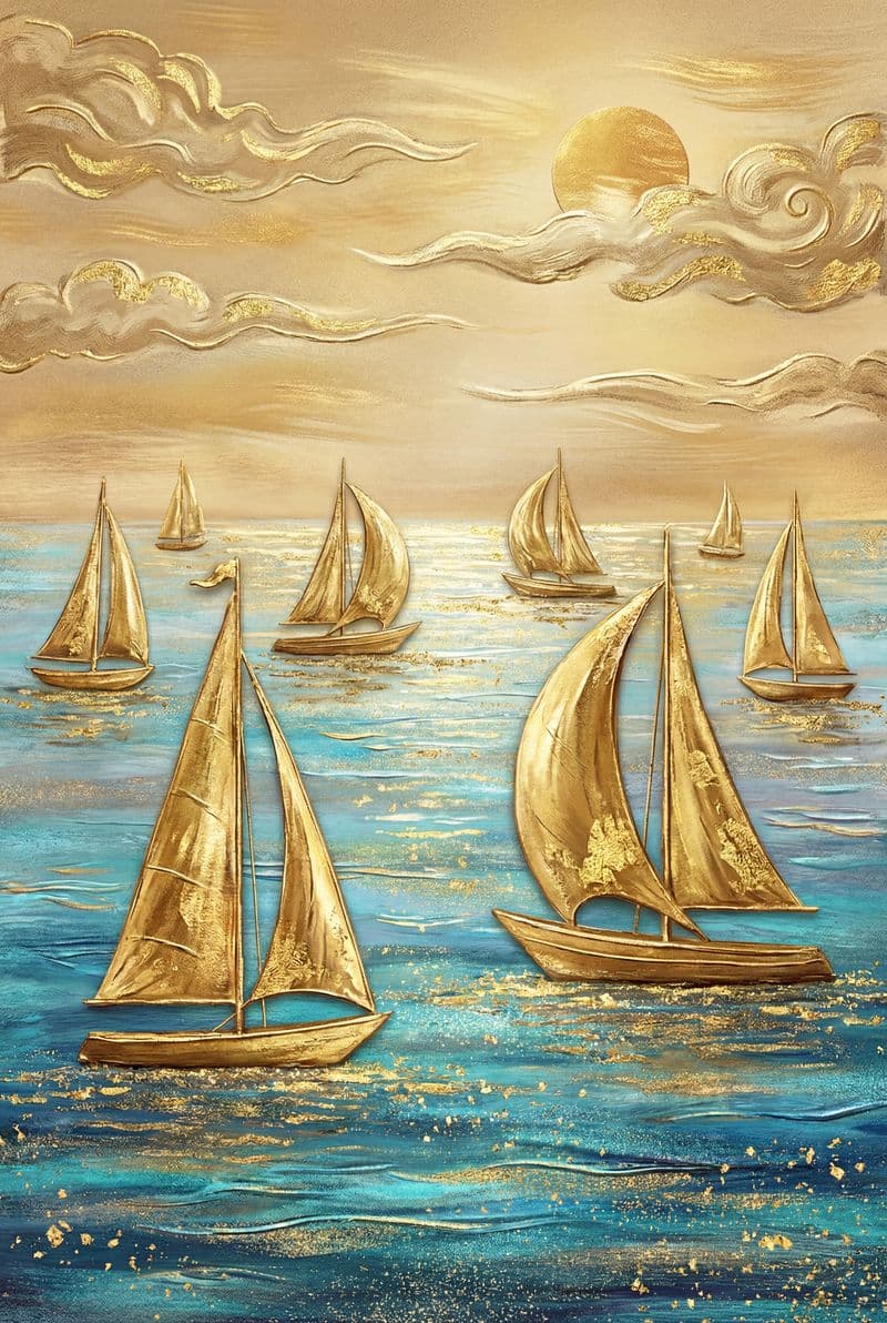 Tranh treo tường đàn thuyền buồm vàng trên biển phong thủy trang trí phòng khách sang trọng