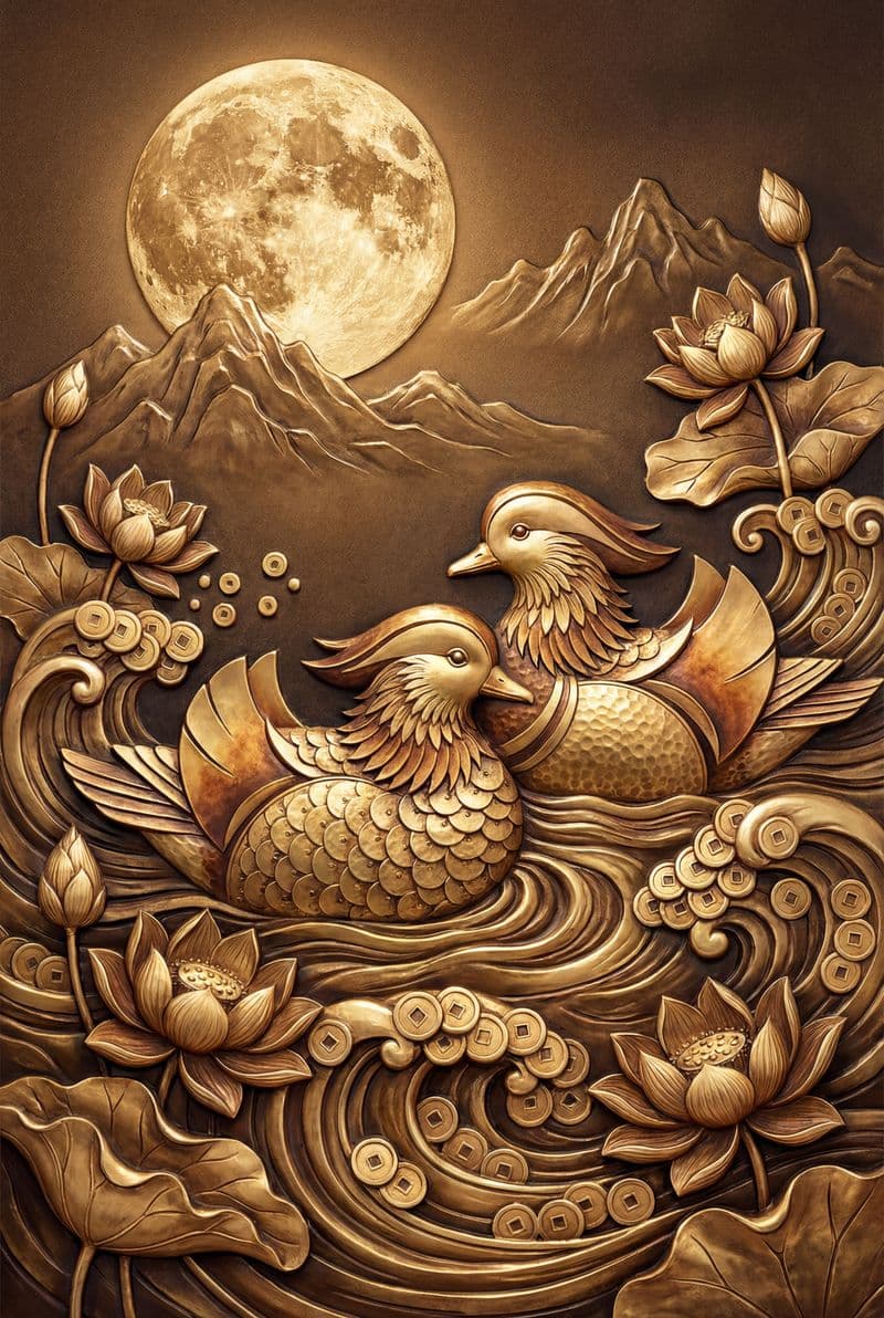 Tranh treo tường đôi chim hồng nhạn vàng phong thủy trang trí phòng khách sang trọng