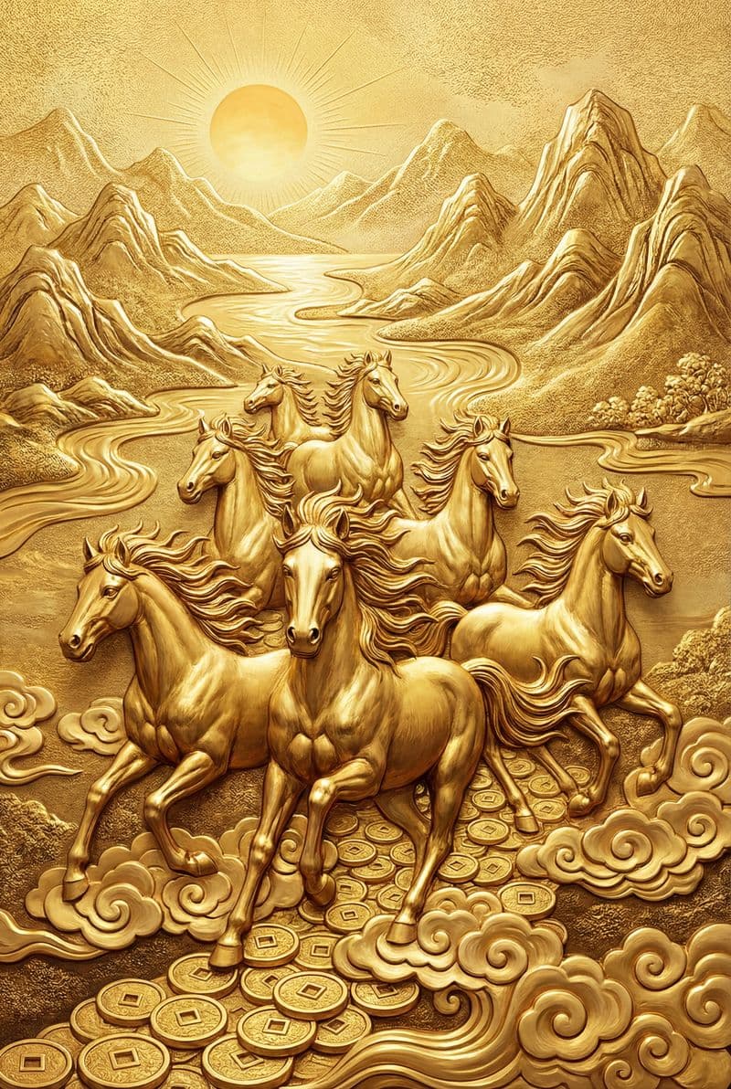 Tranh treo tường 8 ngựa mã đáo thành công màu vàng tài lộc trang trí phòng làm việc chuyên nghiệp