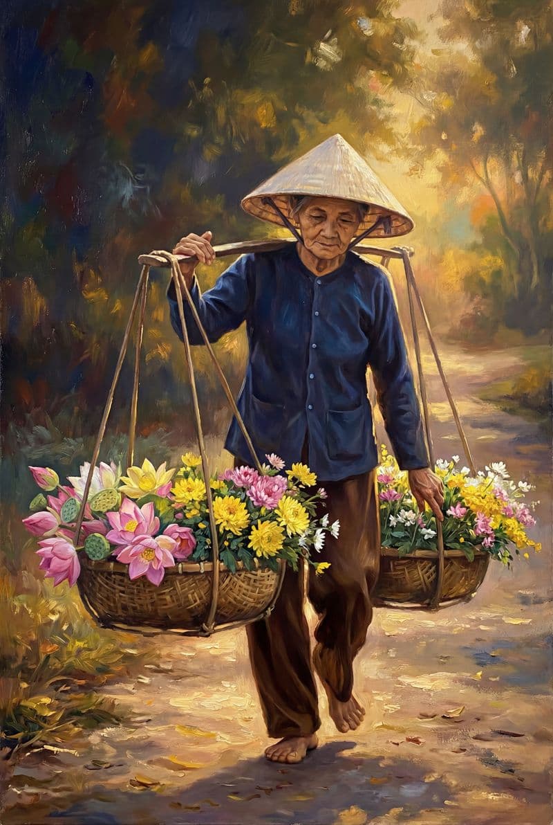 Tranh treo tường bà cụ gánh hoa phong cách cổ điển trang trí phòng khách sang trọng