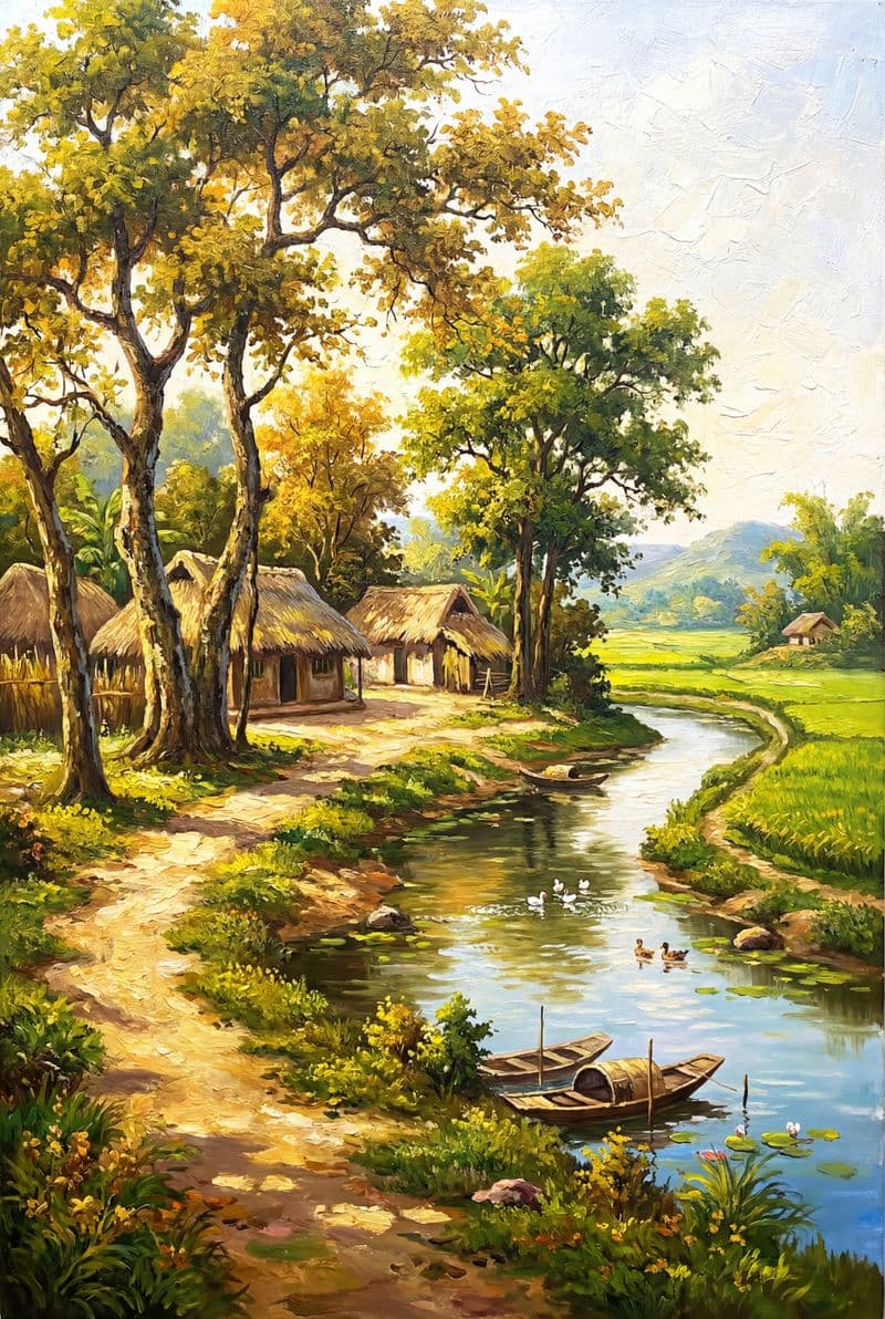 Tranh treo tường phong cảnh làng quê cổ điển trang trí phòng khách ấm cúng