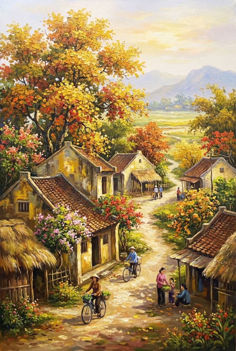Tranh treo tường phong cảnh làng quê cổ điển trang trí phòng khách sang trọng