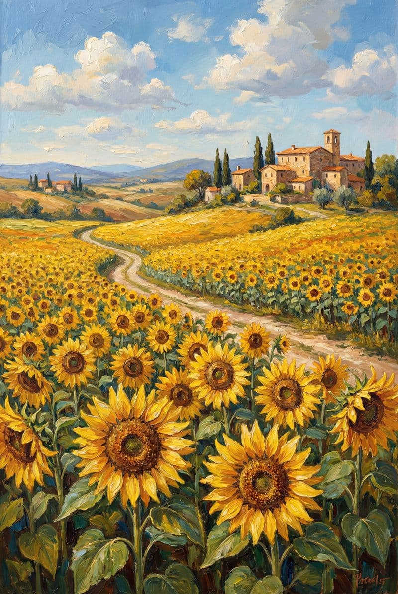 Tranh treo tường cánh đồng hoa hướng dương phong cách cổ điển trang trí phòng khách sang trọng