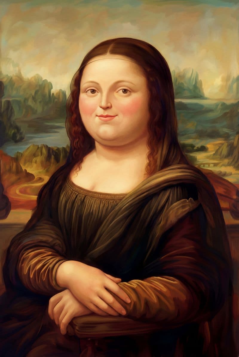 Tranh canvas chân dung Mona Lisa mũm mĩm trang trí phòng khách sáng tạo
