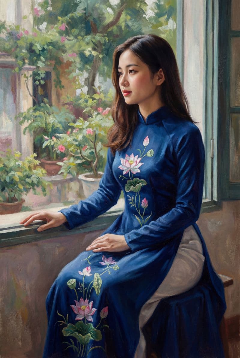 Tranh treo tường cô gái mặc áo dài truyền thống Việt Nam trang trí không gian nghệ thuật sang trọng