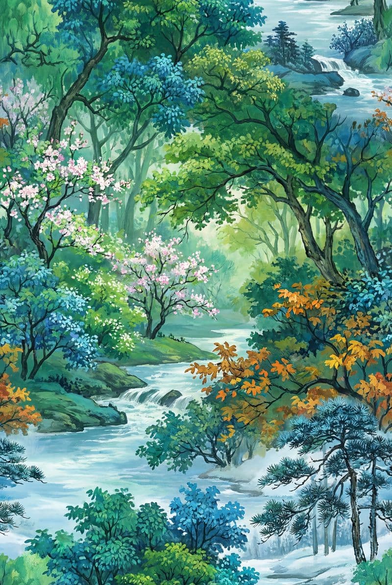 Tranh treo tường rừng cây bốn mùa phong thủy cho người mệnh mộc trang trí phòng khách sang trọng