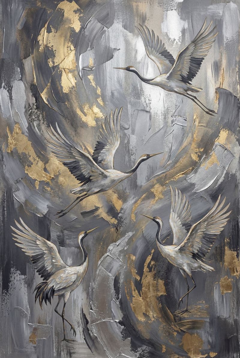 Tranh treo tường chim hạc trừu tượng ánh kim xám bạc trang trí phòng khách sang trọng