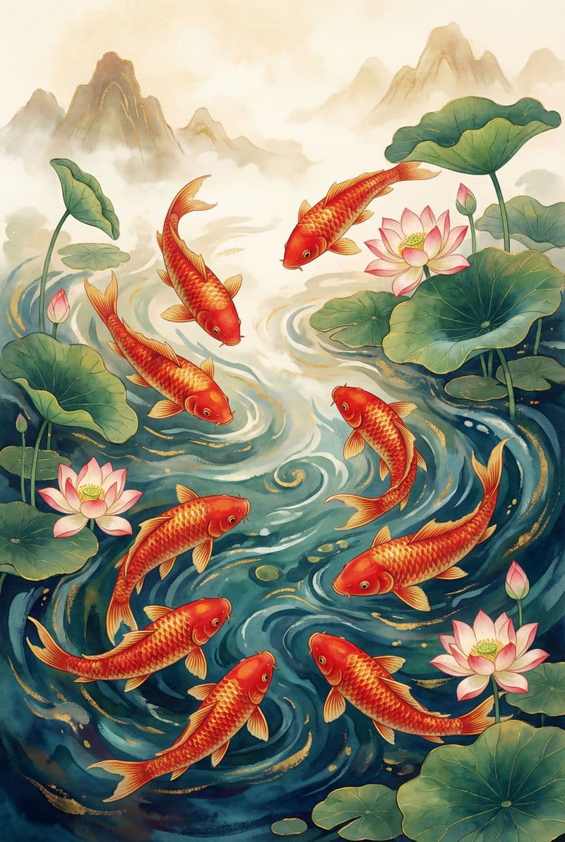 Tranh treo tường cửu ngư quần hội dát vàng trang trí phòng khách sang trọng