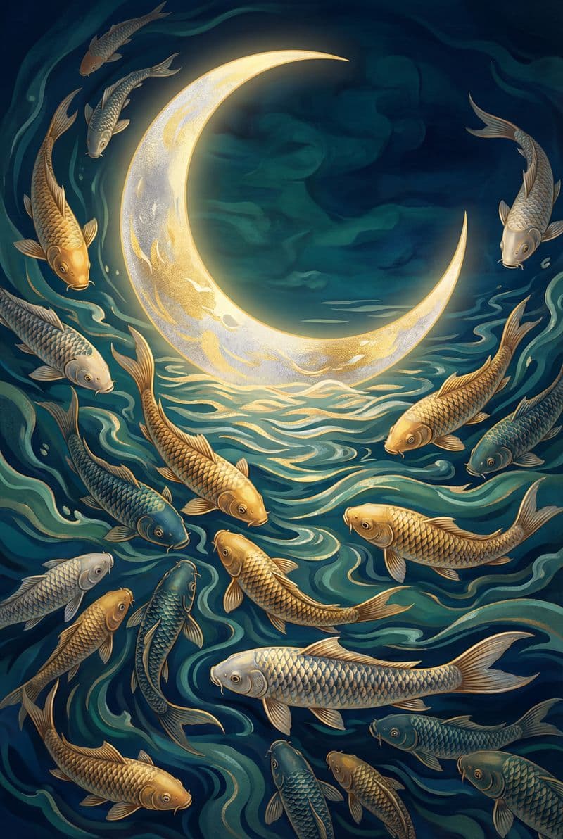 Tranh canvas đàn cá bơi lội dưới ánh trăng trang trí phòng khách sang trọng