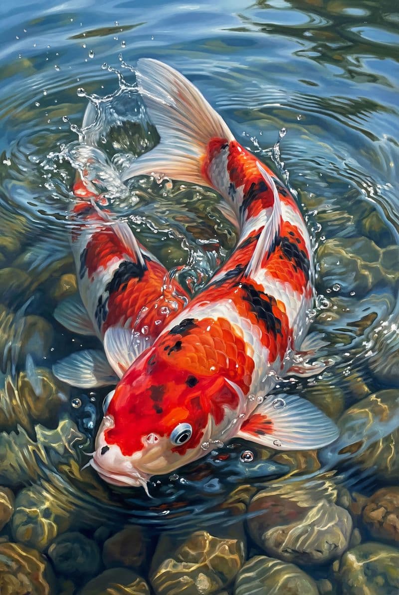 Tranh treo tường cá chép vẫy đuôi chân thực trang trí không gian phòng khách sang trọng