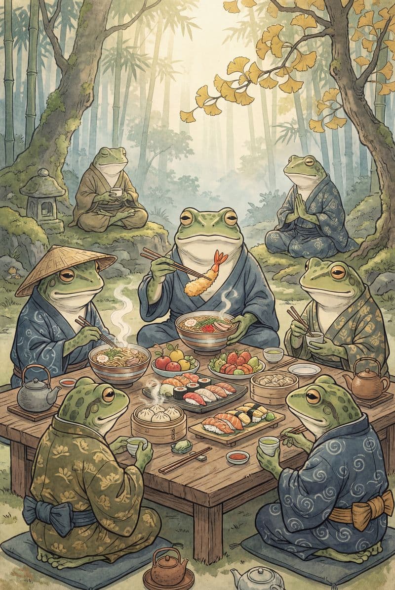 Tranh treo tường chú ếch thiền bên bàn tiệc trang trí phòng làm việc đầy cảm hứng