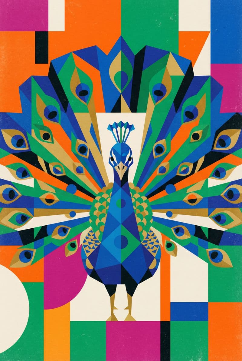 Tranh treo tường chim công phong cách hình học trang trí phòng khách hiện đại sang trọng