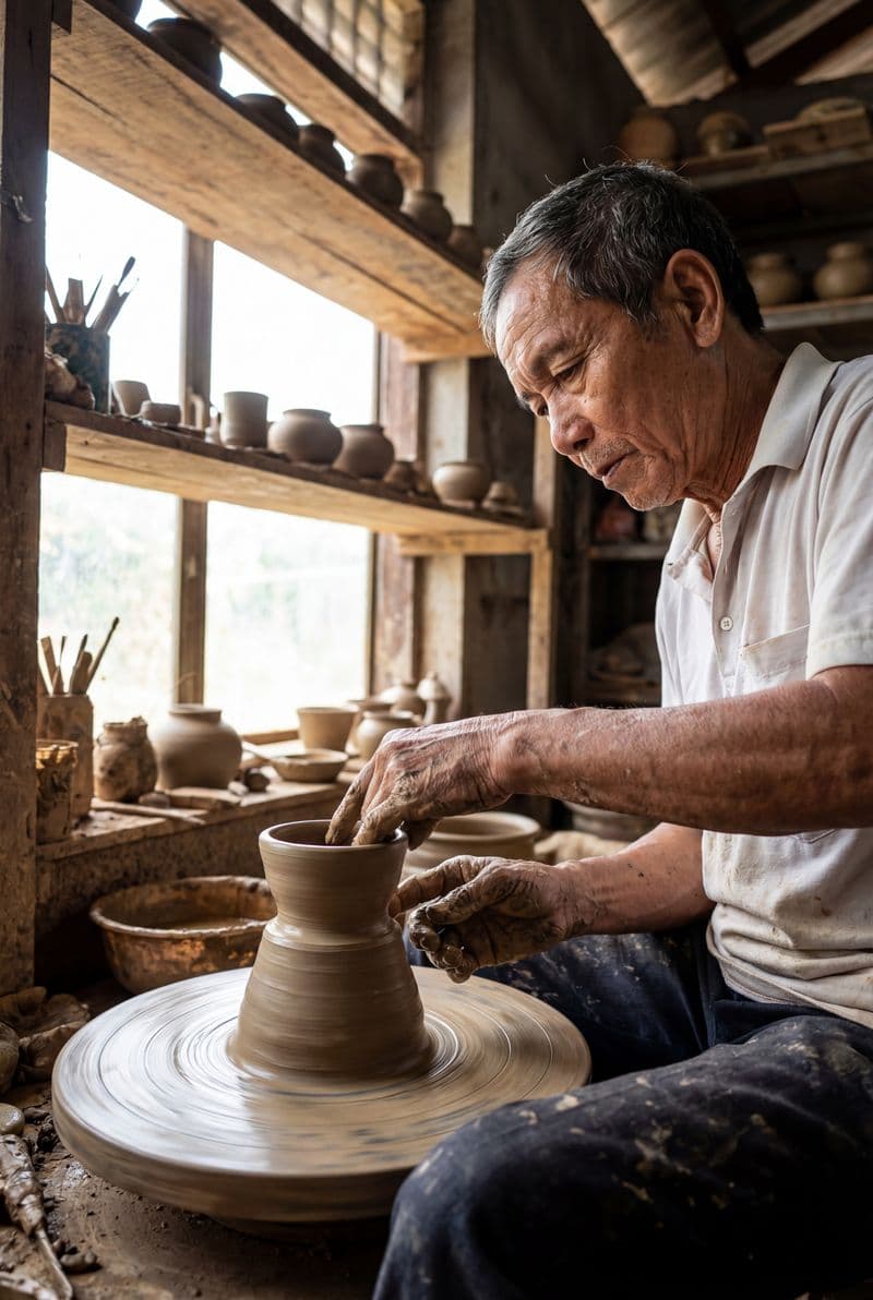 Tranh treo tường nghệ nhân già đang miệt mài tạo hình gốm trang trí phòng làm việc sang trọng