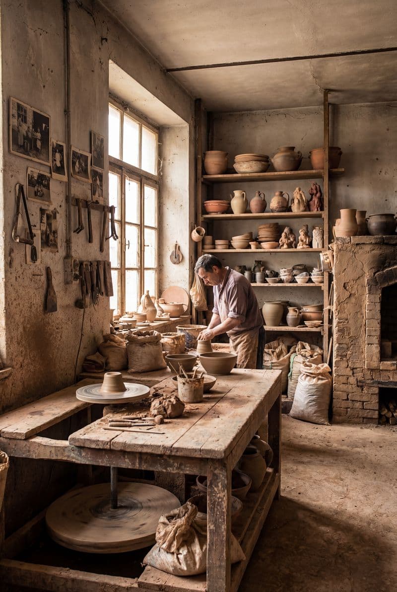 Tranh treo tường không gian xưởng gốm xưa tả thực trang trí phòng khách hoài cổ