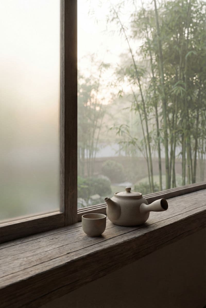 Tranh treo tường ấm trà gốm bên cửa sổ trang trí phòng thiền và không gian sống tối giản